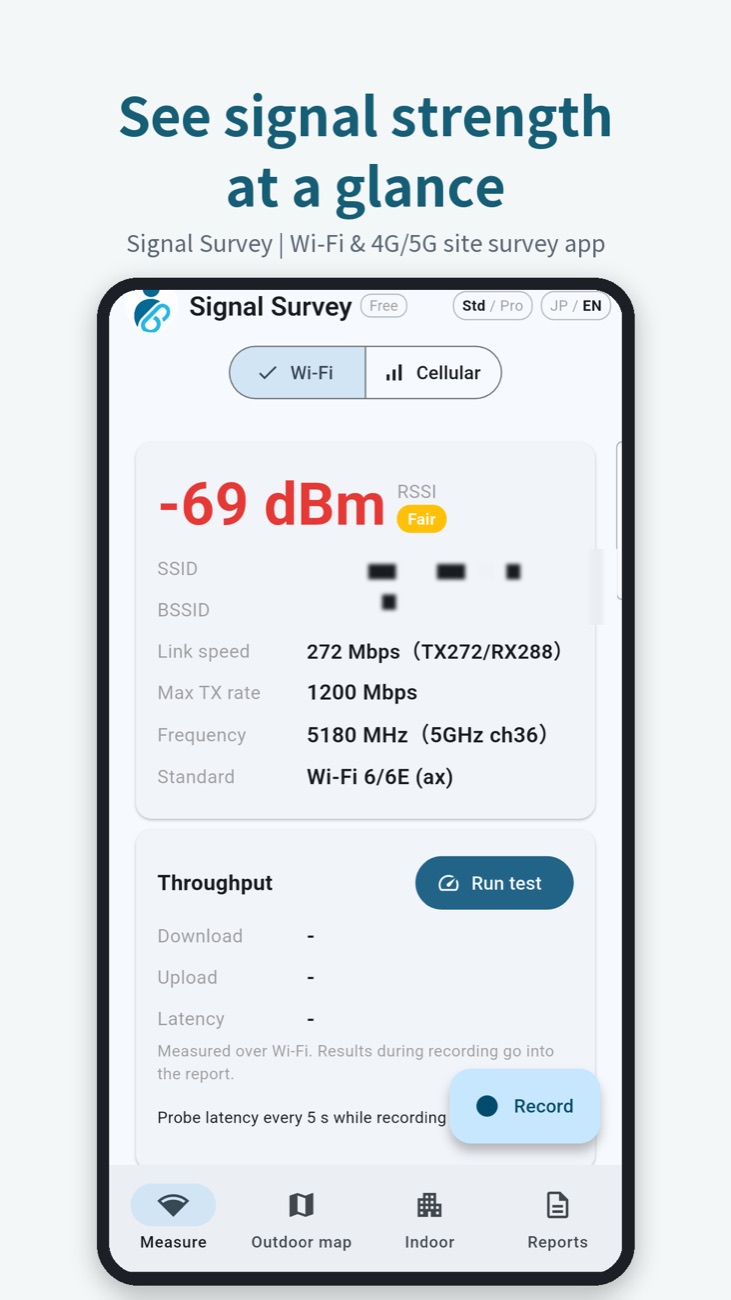 Measure screen showing Wi-Fi signal strength