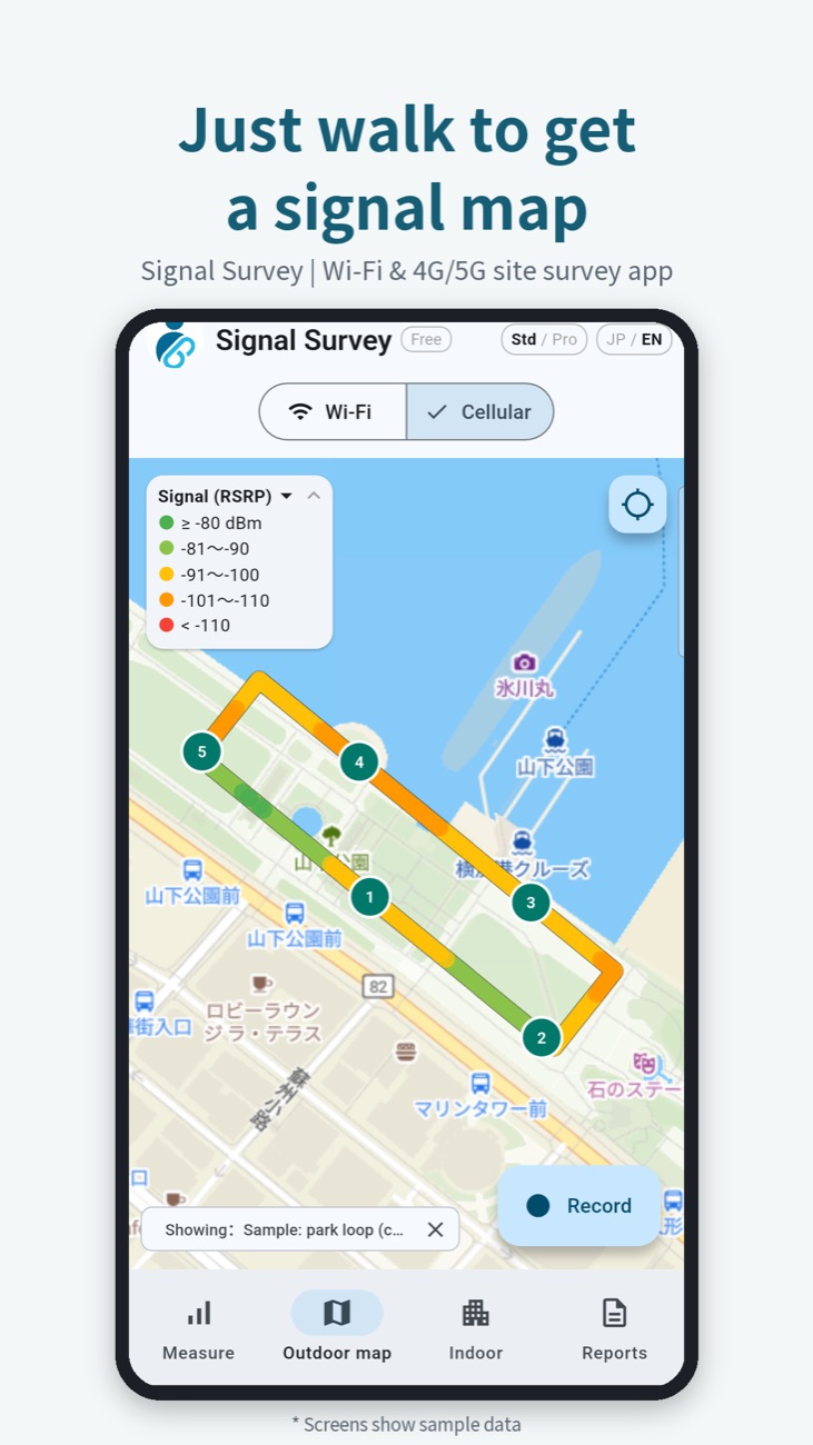 Map colored by signal strength along the walked route